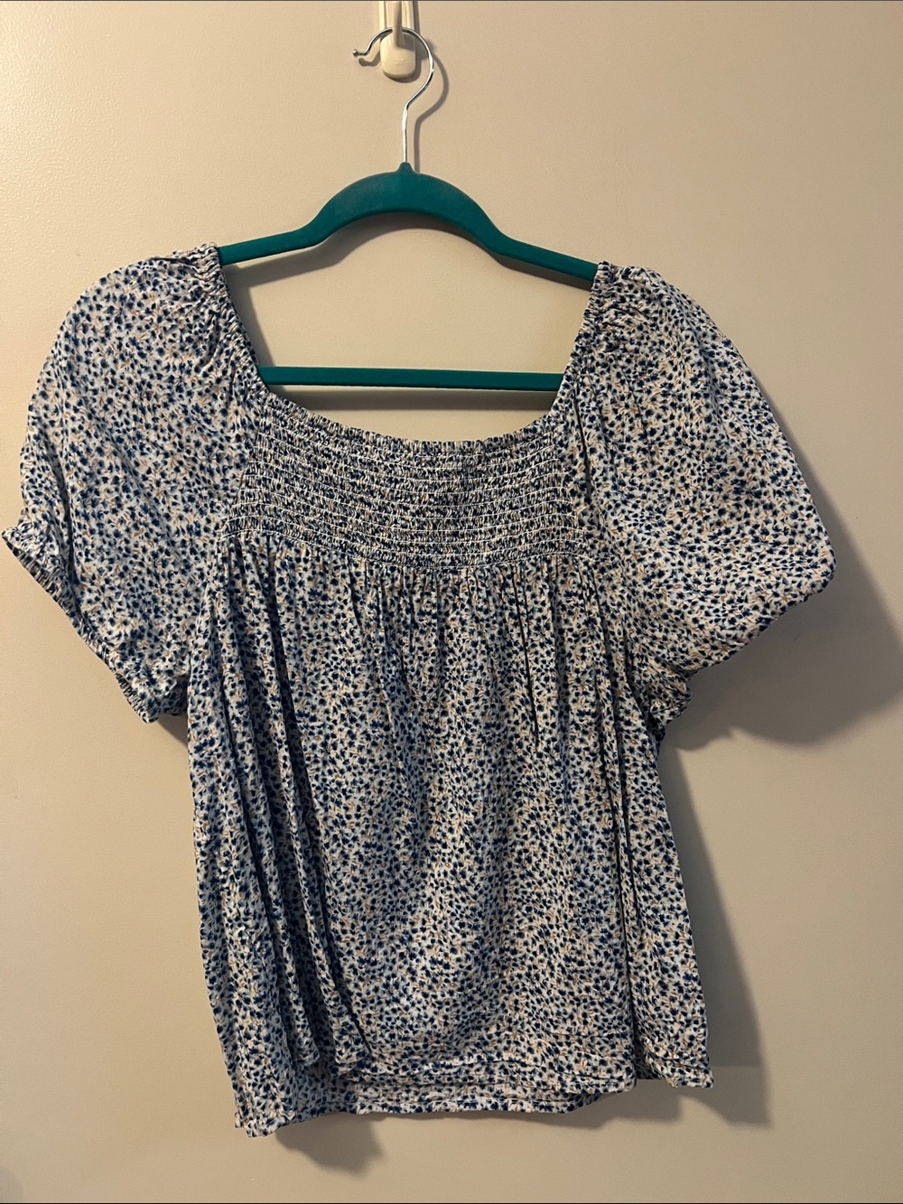 Old Navy Blue and White Smocked Square-Neck Blouse